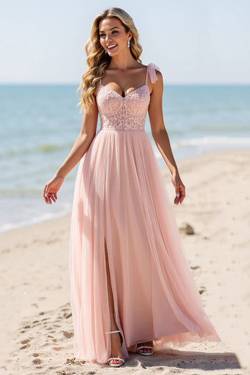 Blush Une Ligne Tulle Spaghetti Bretelles Longue Robe de demoiselle d’honneur avec Appliques